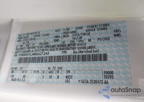 2009 Ford E-350 Super Duty Xl/Xlt from USA, damaged, VIN 1FBSS31L49DA27242